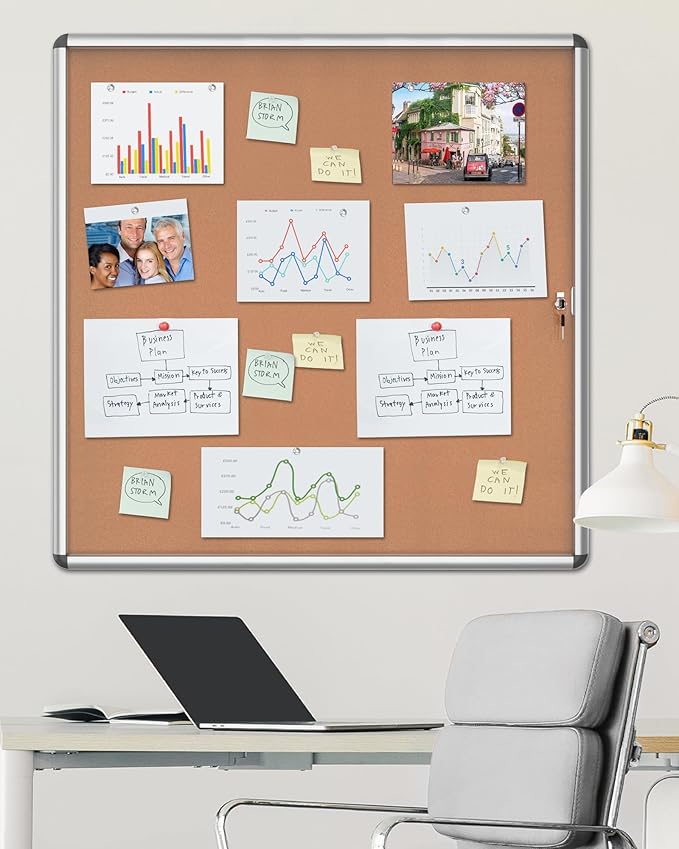 38"x38" Enclosed Bulletin Board, Lockable Weather-Resistant Aluminum Cork Noticeboard for School & Office, Silver Frame w/Cork