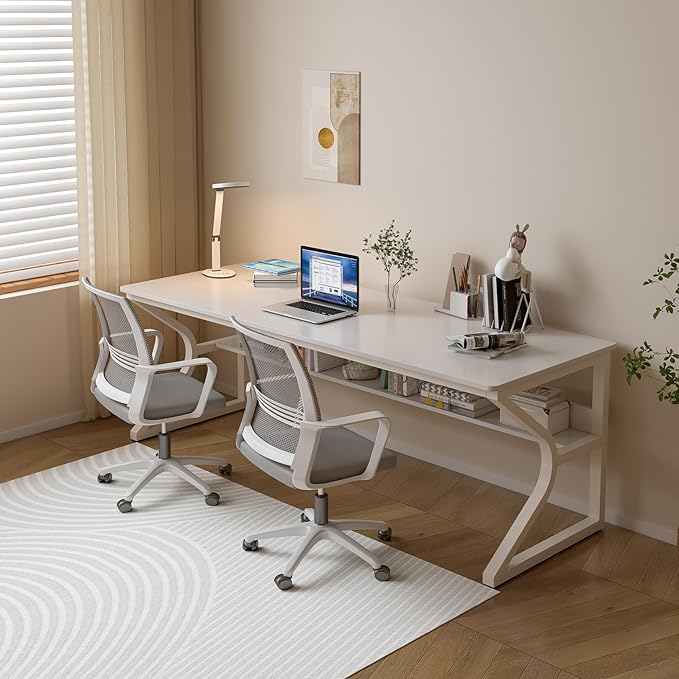 Extra Long Desk with Bookshelf - 71" Double Long Writing Table for 2-Person Workstation, Modern Study Work Computer Desk for Home and Office, Warm White