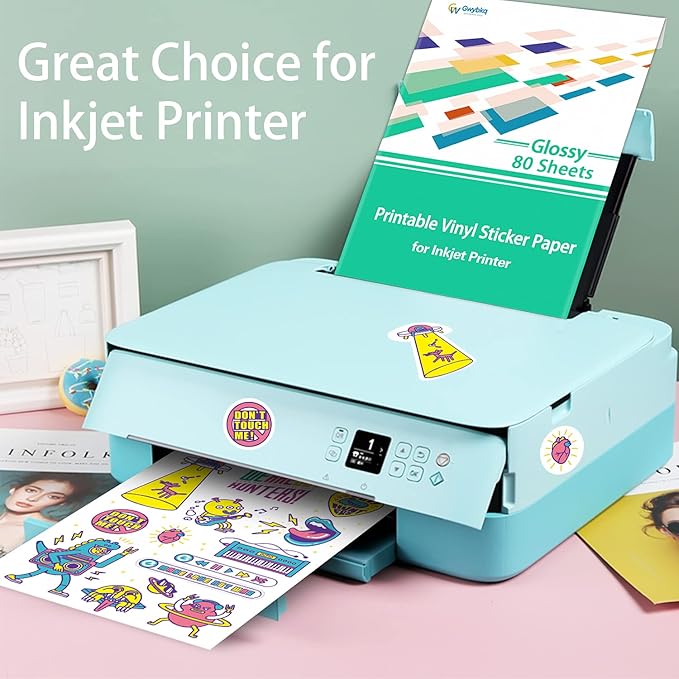 Gwybkq Glossy Sticker Paper Printable Vinyl for Inkjet Printer, 80 Sheets Labels Waterproof Decal Paper