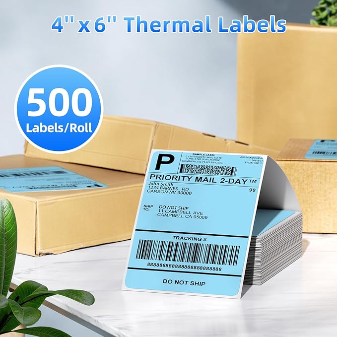4x6 Thermal Labels, 1 Packs of 500 4x6 Fold Labels Blue - Compatible with JADENS, ASprink, Phomemo, Rollo, Zebra, Omezizy and Other Thermal Printers