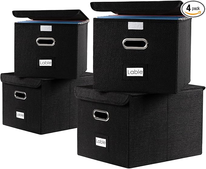 PRANDOM File Organizer Box - Set of 4 Collapsible Decorative Linen Filing Storage Hanging File Folders with Lids Office Cabinet Letter Size Black (15x12.2x10.75 inch)