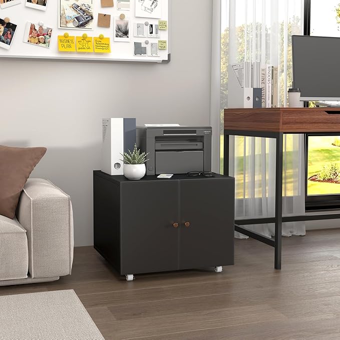 Small Space Printer Stand with Doors, Mini Fridge Stand for Laundry, 3D Printer Stand with Storage, Low Printer Table, Modern Under Desk for Home Office, Small Carts for Scanner, Fax