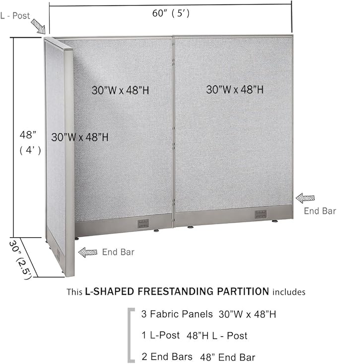 GOF Freestanding L Shaped Office Partition, Large Fabric Room Divider Panel, 30" D x 60" W x 48" H