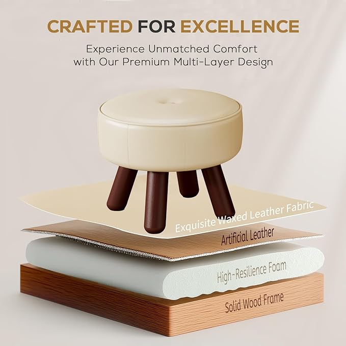 Small Foot Stool 13in, Round Faux Leaher Ottoman Foot Rest for Living Room, Under Desk Footstool Foot Rest with Non-Skid Rubber Legs for Bedroom, Entryway, 13''L x 13''W x 10.2''H, White