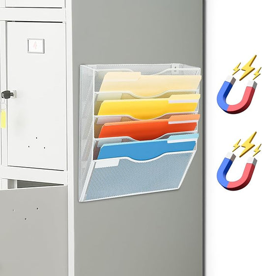 EASEPRES Magnetic 5 Pocket Mesh Hanging File Organizer, Wall Mounted Mail Paper Document Folder Holder, Clipboard Storage Organization Magazine Rack with Nametag Label for Office Home School, White