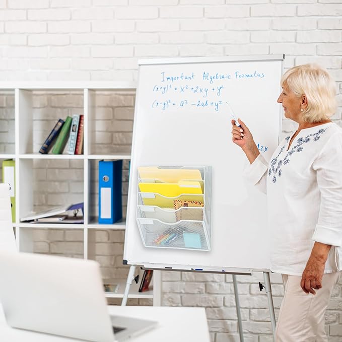 EASEPRES Magnetic 5 Pocket Mesh Hanging File Organizer, Wall Mounted Mail Paper Document Folder Holder, Clipboard Storage Organization Magazine Rack with Nametag Label for Office Home School, White