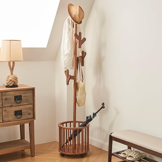 Uniclinens Solid Wood Coat Rack Freestanding with Umbrella Holder, Tree Coat Rack Stand with Lockable Universal Casters & 12 Hooks for Entryway Bedroom, Walnut