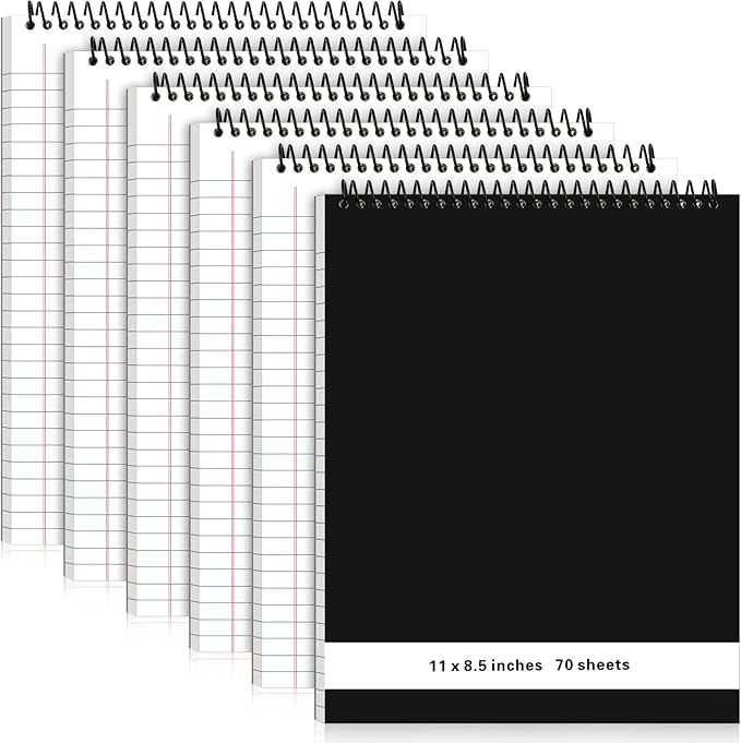 6 Pcs Legal Pad Top Spiral Bound Notebook 70 Sheets Wirebound Notepad Double Sided Ruled Memo Steno Book with Stiff Back Cover for Business(8.5 x 11 Inches,No Holes,White)