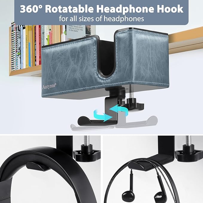 Desk Cup Holder Clip on Pen Holder Headphone Hanger Headset Stand Rotatable Clamp Hook Under Desk (Sky Blue)