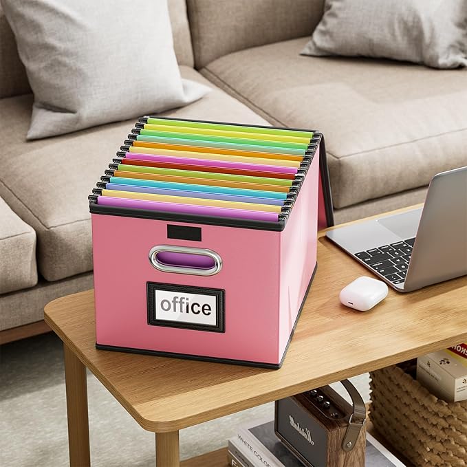 Huolewa Portable Leather File Organizer Storage Boxes, Collapsible File Folder Organizer Boxes with Lids, Document Organizer, Decorative Filing Box Cabinet for Letter/Legal File Folder Storage