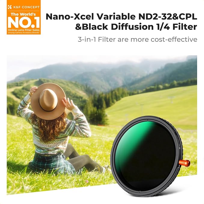 K&F CONCEPT 72mm Black Diffusion Mist Effect 1/4 & Variable ND2-32 & Circular - Image 2