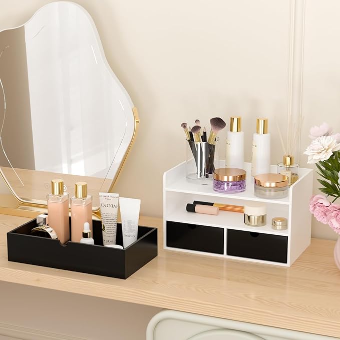 Wisuce Desk Organizer with Drawers - White-Black Bamboo Desktop Organizer Storage | Wood Desk Drawers Organizer for Bills, Office Supplies, Cosmetics, Seals No Assembled