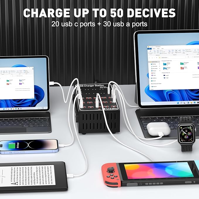 250W Desktop Charging Station, 30 USB A + 20 USB C, Multi Port Charging Station for Phones, Tablets, Watches, and More [Lcoco&Dream]