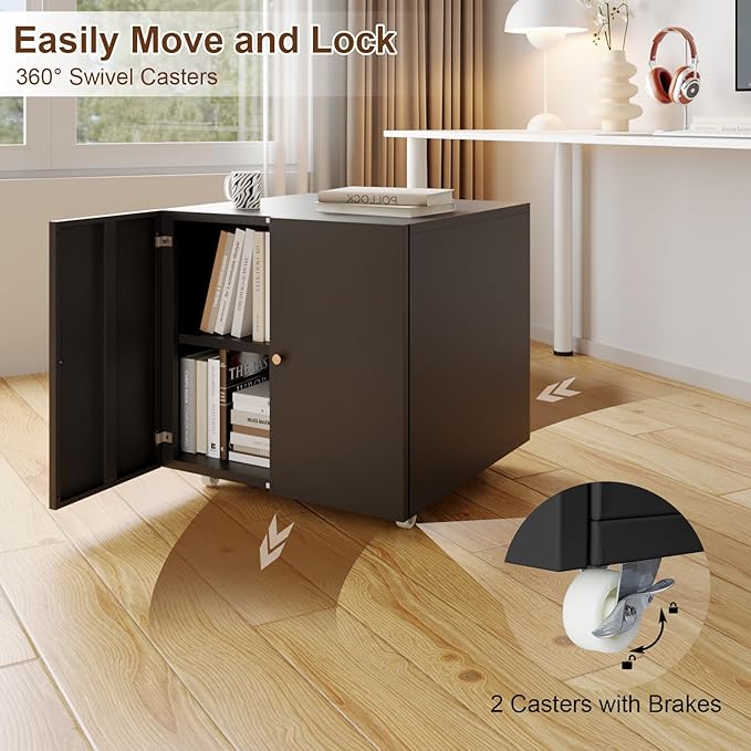 Printer Stand with Storage, 3D Heavy Duty Printer Table with Shelves, Large Printer Table for Home Office, Black Printer Stand on Wheels with Doors, Metal Fax Machine Stand for Workplace