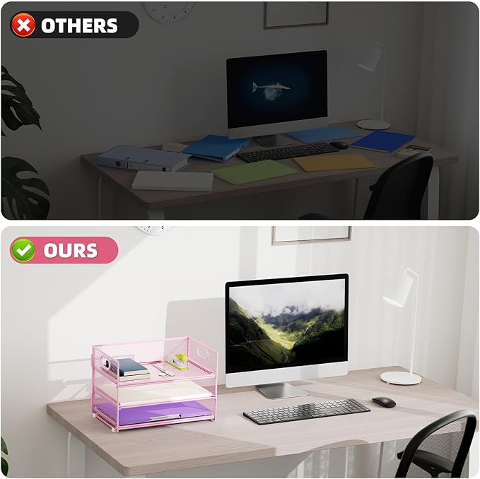 Marbrasse 3 Tier Paper Organizer Letter Tray, Mesh File Organizer with Handle, Paper Sorter Desk Organizer for Home Office Supplies(Pink)