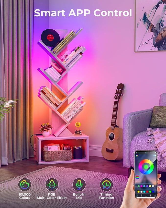 6 Tier Tree Bookshelf with Lights, LED Book Tree Bookcase with Storage Organizer, Small Corner Bookshelf Floor Standing Book Shelf for Living Room, Bedroom & Home Office, White