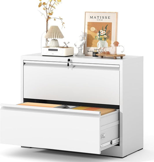 2 Drawer Lateral File Cabinet, Metal Lateral Filing Cabinet for Home Office, Filing Cabinets for Letter/Legal/A4/F4 Hanging Files (White)
