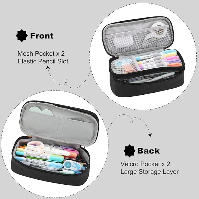 Pencil Case for Boys Kids Teens Adults Big Pencil Bag with Zipper Big Pen Pouch Large Stationery Pen Case Organizer for School Black