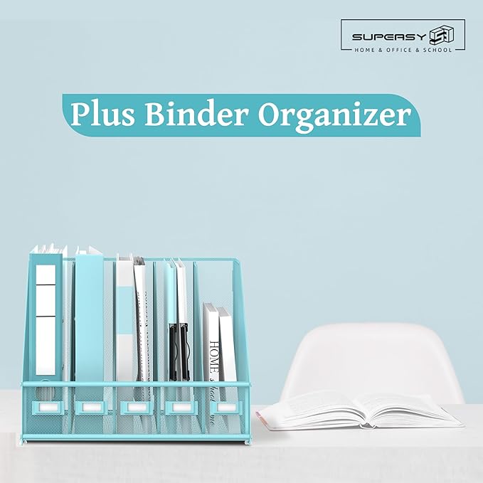 SUPEASY Desk Organizers Metal Desk Magazine File Holder with 5 Vertical Compartments Rack File Organizer for Office Desktop, Home Workspace, Blue Plus