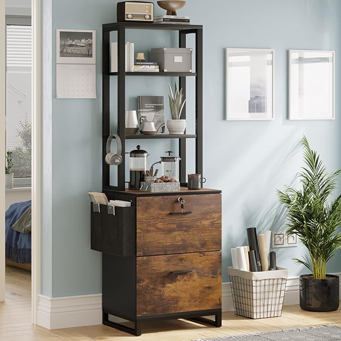 Itaar 2 Drawer File Cabinet with Lock, Fits Letter, Legal, A4 Size, Hanging File Folders, Adjustable Storage Shelf and Hook, Rustic Brown