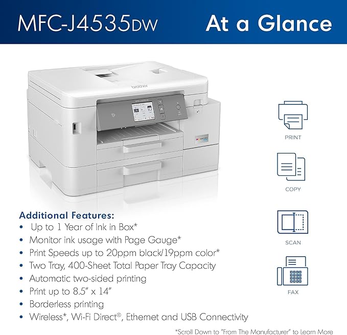 Brother MFC-J4535DW INKvestment -Tank All-in-One Color Inkjet Printer with NFC, Duplex and Wireless Printing Plus Up to 1-Year of Ink in-Box, White