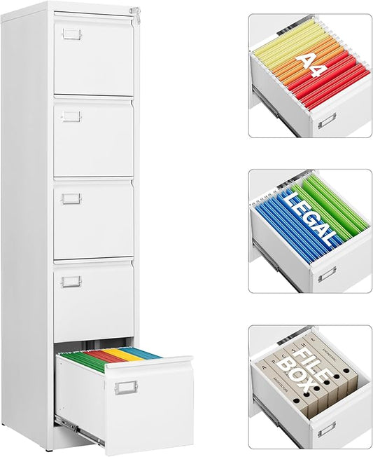 SISESOL 5 Drawer File Cabinet with Lock,Tall Vertical File Cabinet Five Drawer,15" Narrow Office Filing Cabinets,White Metal File Cabinets for Home Office,Fit A4,Legal,Letter Size,-Assembly Required