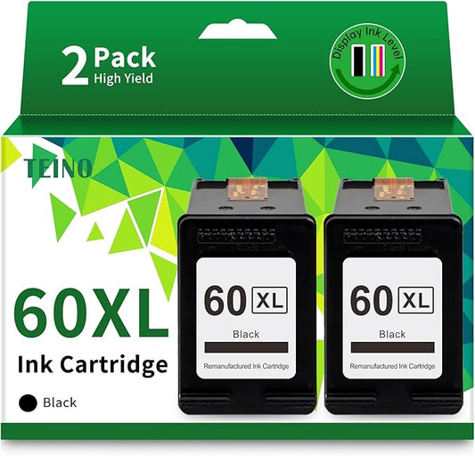 TEINO 60XL 60 Black Ink Cartridge Remanufactured Ink Cartridge Replacement for HP Ink 60 60XL for HP PhotoSmart C4680 C4780 C4795 C4640 D110 DeskJet F4480 F4440 F2430 F4280 Envy 100 110 120 (2 Black)