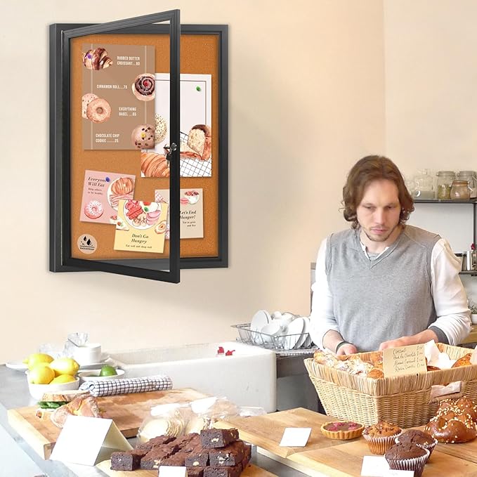 Enclosed Bulletin Board,Outdoor Weatherproof Cork Noticeboard with Locking Door, Wall-Mounted Black Aluminum Frame,Display Case Message Board for Office Home,36x24 Inch (5xA4)