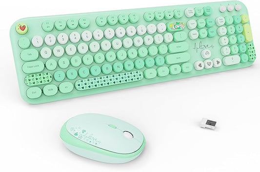 FOPETT Wireless Keyboard and Mouse Combo - 2.4G Full-Sized Cute Colorful Retro Keyboard with Round Keycaps 104 Keys Typewriter Keyboard for Laptop/Windows/PC-Green Colorful