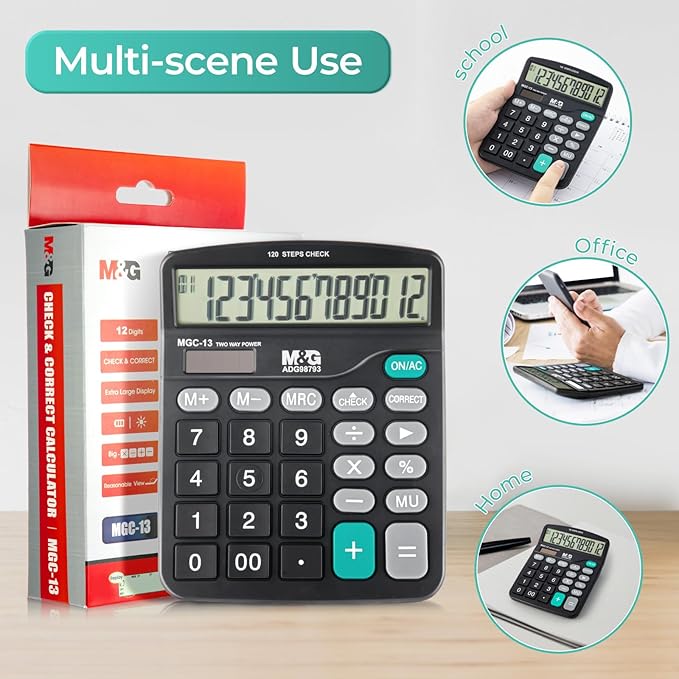 M&G Desk Calculator 12 Digit Office Calculators with Check & Correct, Dual Solar Power and Battery, Large LCD Display Business Calculator with Big Buttons Black