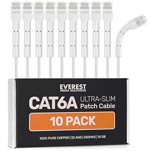 Everest Ultra Slim Cat6a Ethernet Patch Cables 3ft White by EverestMediaSolutions