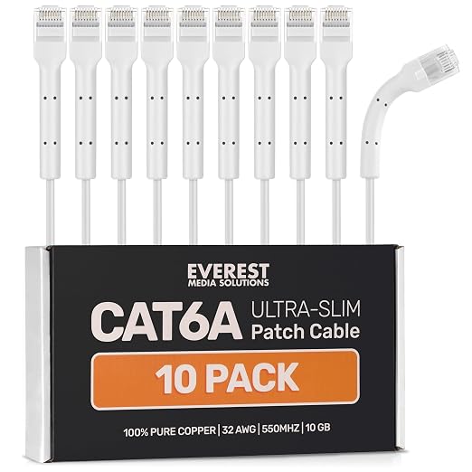Everest Ultra Slim Cat6a Ethernet Patch Cables 1.5ft White by EverestMediaSolutions