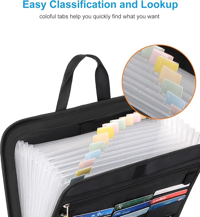 Accordion File Organizer with Lock, Fireproof, Letter/A4-Size Expanding File Folder with Tabs, 13 Pockets Important Document Organizer with Handle, Portable Paperwork Business Organizer, Silver