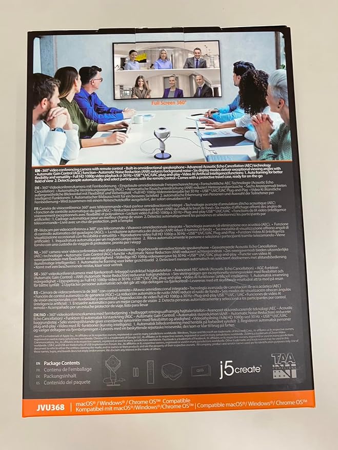j5create 360 All Around AI-Powered Conference Room Camera with Speakerphone, Smart-Tracking, Auto-Framing, Include a Remote Control (JVU368)