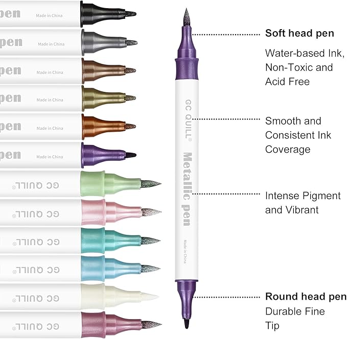 GC QUILL 12 Colors Metallic Marker Pens - Dual Tip Brush and Fine Point Pens for DIY Album, Black Cards, Scrapbooking, Craft Supplies, on Ceramic, Stone, Glass, Fabric GC-MP12