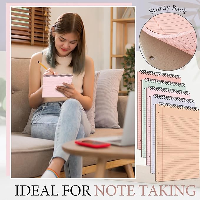 10 Packs 8.5" x 11" Top Spiral Notebook with 3 Hole Punched Legal Pads College Ruled Notepad 50 Sheets Hard Cardboard Paper Wirebound Notepad for Office School Business (Light Colors)