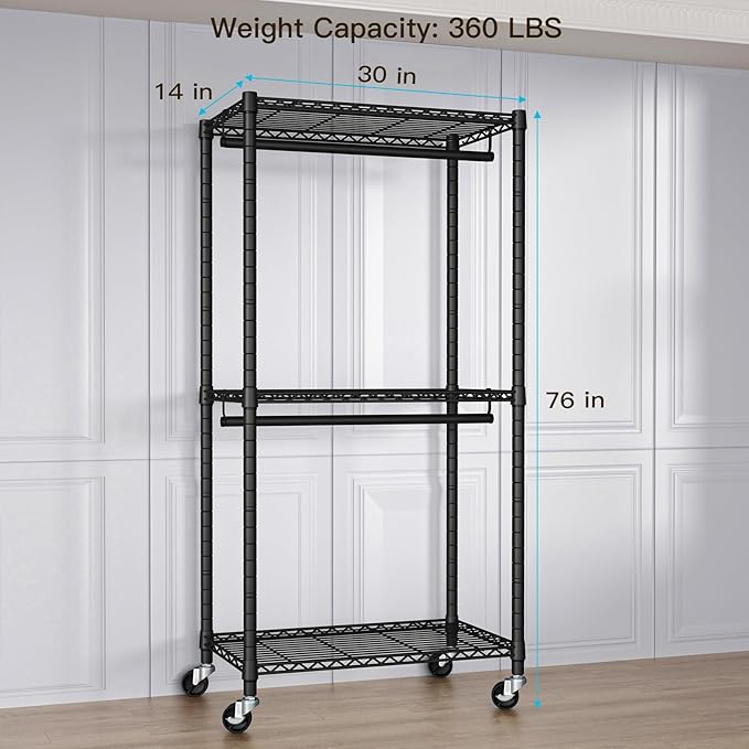 Heavy-Duty Portable Closet, 30"W x 14"D x 76"H, Black, Carbon Steel