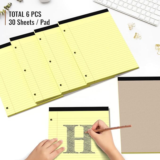 HAUTOCO 8.5 x 11 Legal Pads 6 Pack Yellow Wide Ruled Lined Writing Note Pads Perforated Notepad, 30 Sheets Per Notepad, 3-Hole Punched Paper for School, Office