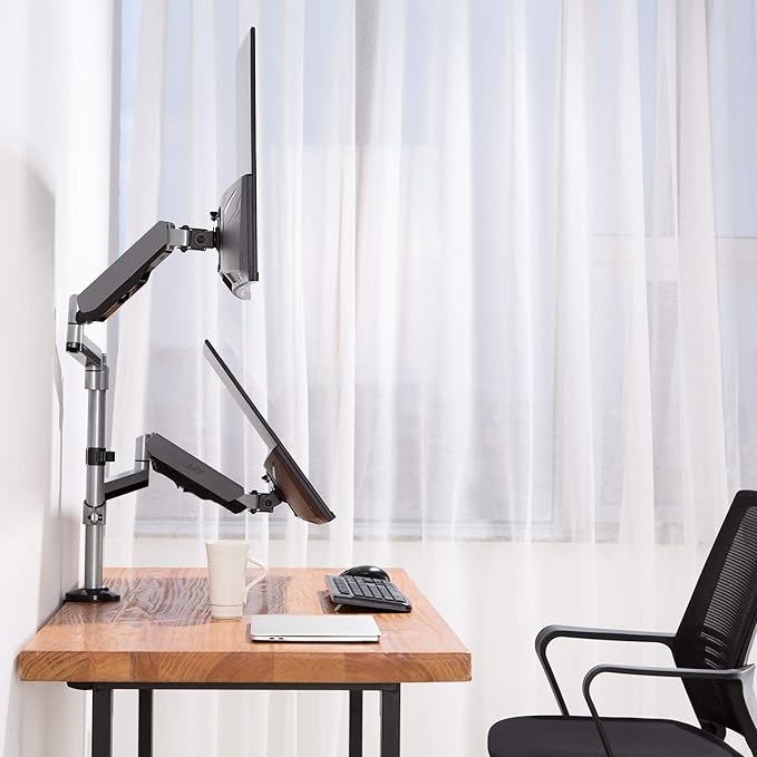 AVLT Dual 17"-32" Stacked Monitor Arm Desk Mount for 2 Flat or Curved Screens, Full Motion Height Adjustable with Swivel, Tilt, Rotation, Extra Tall, VESA, C-Clamp or Grommet Base