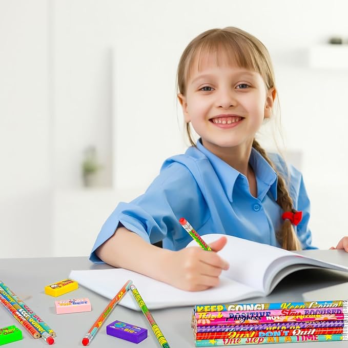 Cinrobiye 100 Pcs Inspirational Pencils with Erasers for Kids，Motivational Pencil Erasers Bulk Back to School Gifts Supplies Party Favor Goody Bag Fillers for Students Classroom Teacher Prizes Reward