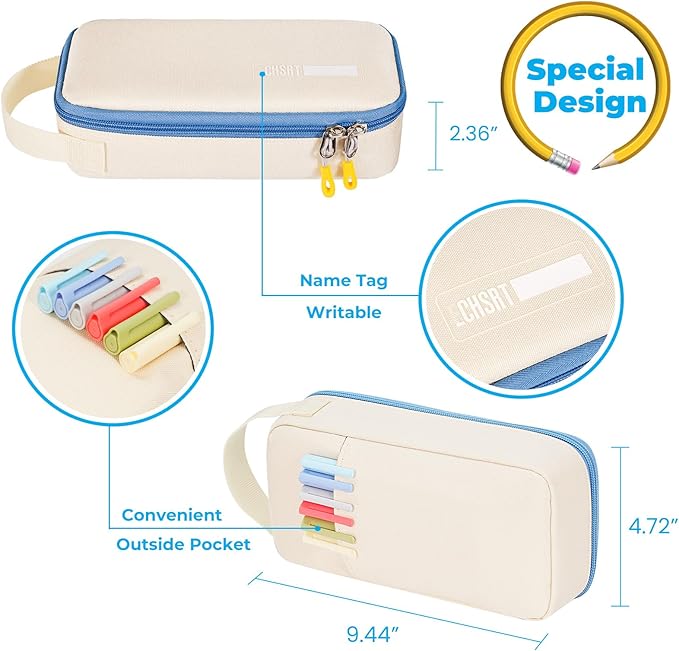 ECHSRT Big Pencil Case, Aesthetic Portable Zipper Pencil Bag with Hidden Pocket, Special Pouch for Men Women Adults, Stationery Organizer Pen Cases for Office Travel,Beige
