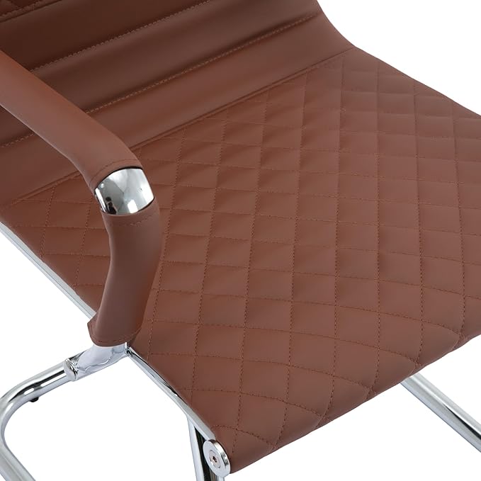 Modern Office Chairs Set of 2, Brown Faux Leather, Ergonomic, Adjustable Height, Conference Room, Reception Area