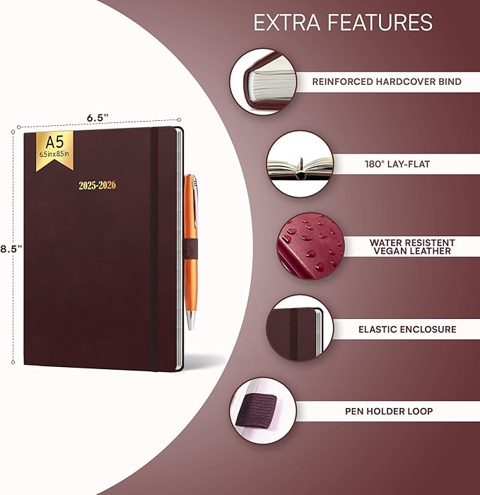 Ensight 2025-2026 HARDCOVER Leather Planner Weekly & Monthly - 6.5x8.5 Inches - Academic Planner Business Personal or Student - Pen Holder, Thick Paper, July 2025 - June 2026 (Red)