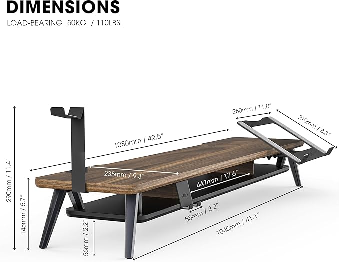 Fenge Dual Monitor Stand, Monitor Riser for 2 Monitors with Adjustable Laptop Riser , 42.5 Inch Desk Shelf for Top of Desk with Phone Holder& Headphone Stand