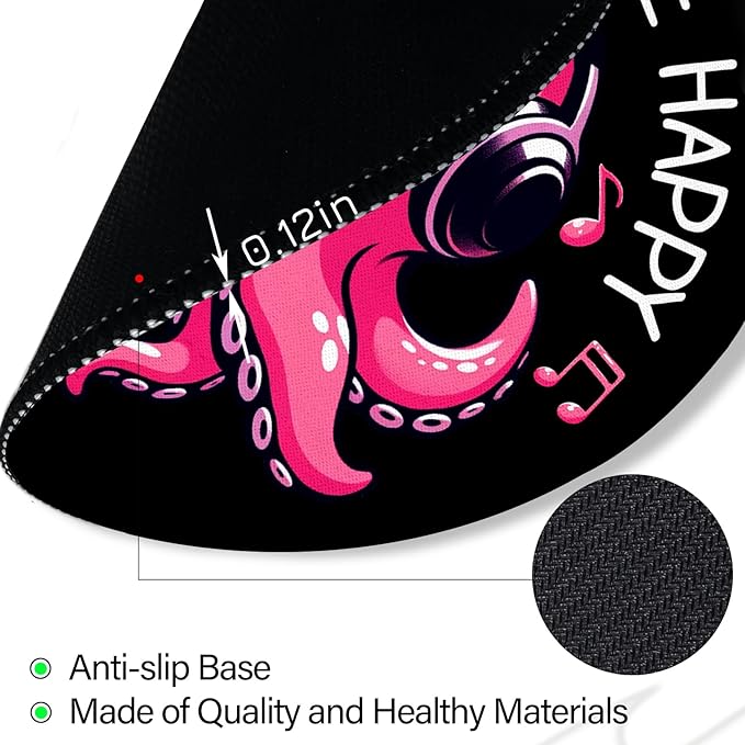 Music Octopus Mouse Pad, Small Round Black Mouse Pads for Desk, Mini Travel Mousepad for Work Wireless Computer Laptop, Office Desk Accessories, Music Makes Me Happy, 8.6 x 8.6 inch