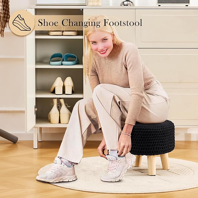 Boho Ottoman Foot Stool Cotton Knitted Round Pouf Ottoman Foot Rest Stool with Non-Skid Wooden Legs Step Stool Padded Seat for Living Room Black