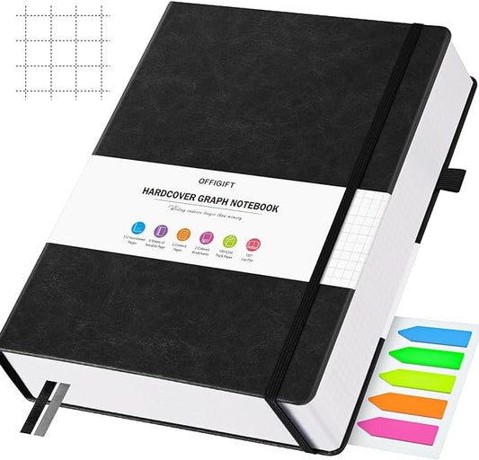 Graph Paper Notebook, 312 Numbered Pages Large A4 Hardcover Leather Journal, 100gsm No Bleed Grid Paper Notebook with Index Pages, Squared Grid Notebook for Graphing Notes Math, 8.5'' × 11'', Black