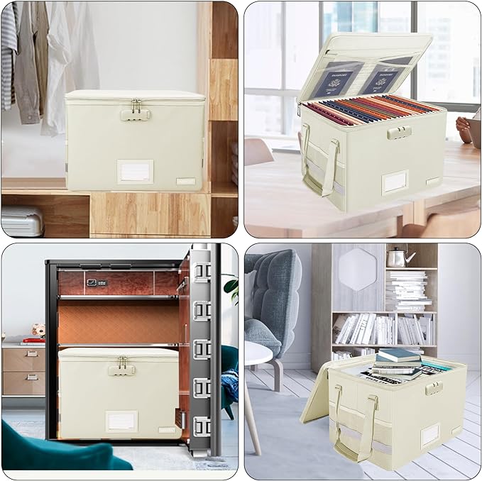 ENGPOW File Box with Lock, Fireproof Document Box with Zipper Lid, Collapsible File Storage Organizer Filing Cabinet with Handles, Portable Home Office Safe for Hanging Letter/Legal Folders, Beige