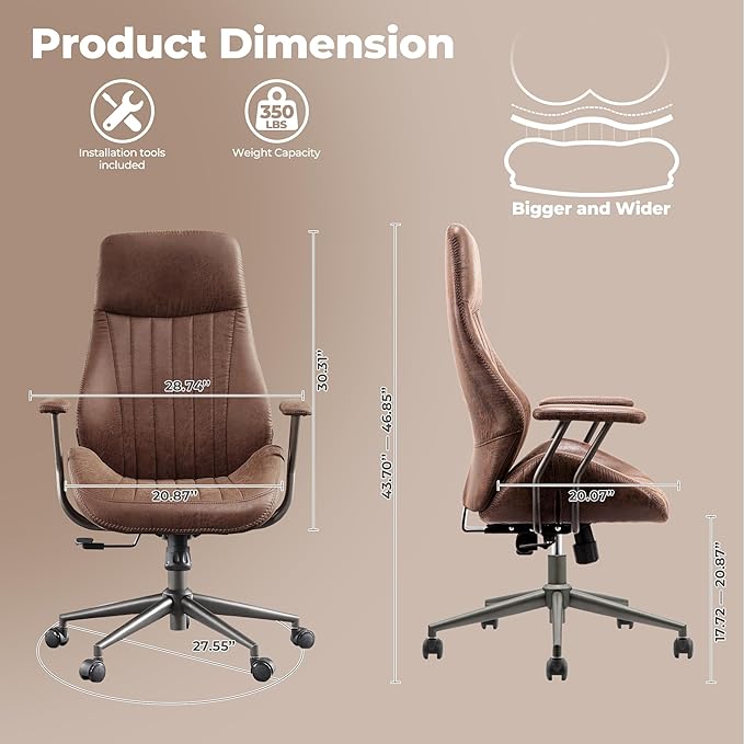 ovios Ergonomic Home Office Chair, Mid-Century Modern Faux Leather Chairs with Padded Armrests, Comfy High Back Swivel Rolling Executive Computer Armchair (Dark Brown, Suede Leather)