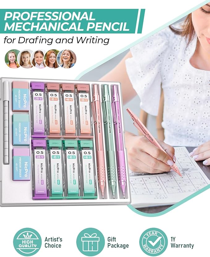 Nicpro 0.5 mm Metal Mechanical Pencil Set, 3PCS MP1000 Artist Lead Pencils With 480PCS HB 2B Lead Refills, Erasers, Aesthetic School Supplies for Girls & Women Teacher Writing Drawing Sketching